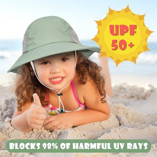 Toddler Baby Sun Hat Kids Summer Beach Essentials Adjustable Beach Hats with Bucket Wide Brim for Boys Girls Age 0-14 Years - color: 2 Pack - Army Green+beige, size: 0-6 Months