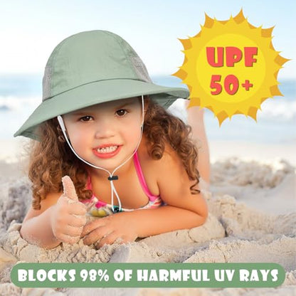Toddler Baby Sun Hat Kids Summer Beach Essentials Adjustable Beach Hats with Bucket Wide Brim for Boys Girls Age 0-14 Years - color: 2 Pack - Army Green+beige, size: 0-6 Months