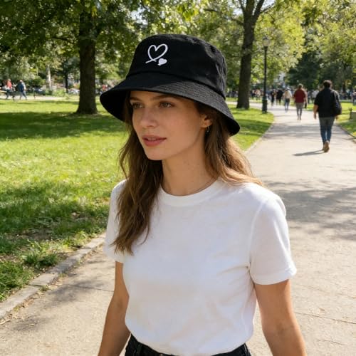 Cotton Bucket Hat for Women Men Summer Travel Sun Beach Bucket Cap, Unisex Outdoor Fisherman Hat - color: Love Black 2