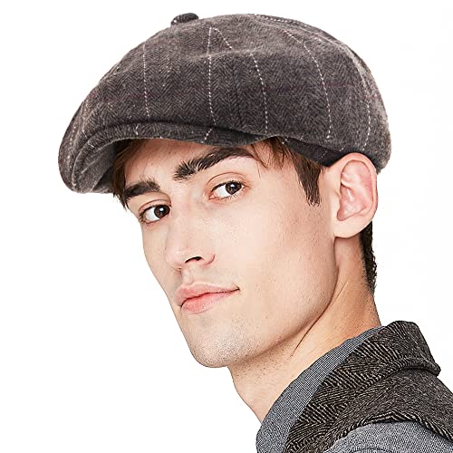 LADYBRO 8 Panel Newsboy Hats for Men Cap Irish Wool Blend Tweed, Adjustable - color: 005 Plaid Dark Brown, size: 7 3/4-8