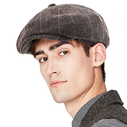 LADYBRO 8 Panel Newsboy Hats for Men Cap Irish Wool Blend Tweed, Adjustable - color: 005 Plaid Dark Brown, size: 7 3/4-8