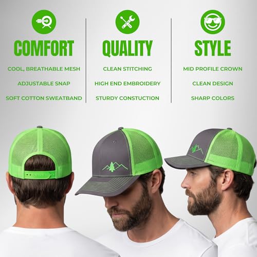 LINDO Trucker Hat [ Great Outdoors Design ] for Men and Women: Mid Profile Cap with Breathable Mesh Back and Adjustable Snap - color: Graphite/Neon