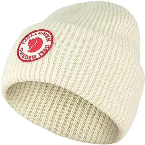 Fjällräven 1960 Logo Hat Beanie - Knit Winter Cap with Folded Cuff, Warm Soft Everyday Outdoor Hat - color: Chalk White