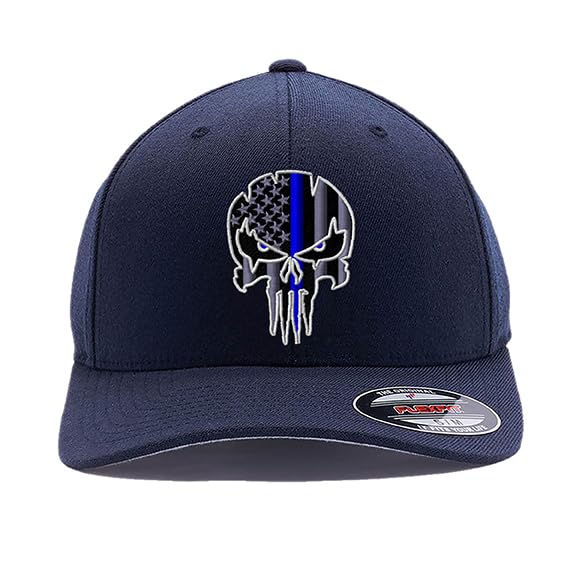 G&B Red Thin Red/Blue Line Spartan Helmet & Distressed Skull Flex Baseball Cap. Embroidered. 6277/6477 Flex Baseball Hat - color: Dark Navy 2, size: Small-Medium
