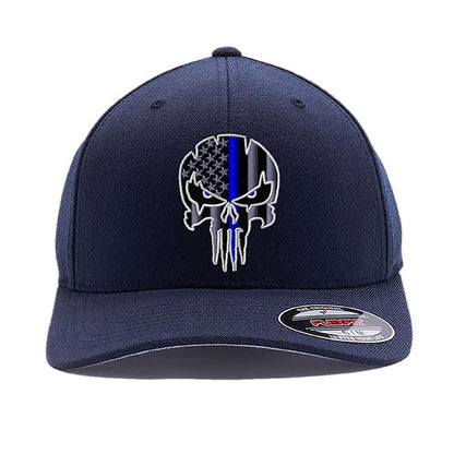 G&B Red Thin Red/Blue Line Spartan Helmet & Distressed Skull Flex Baseball Cap. Embroidered. 6277/6477 Flex Baseball Hat - color: Dark Navy 2, size: Small-Medium