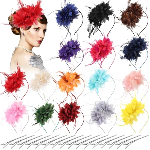 Tarpop 16 Pcs Fascinators Hat Tea Party for Women Flower Mesh Fascinators Hat Wedding Feather Headband Cocktail Hair Clip - color: Colorful, style: Classic