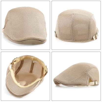 Xinveen Men's Mesh Cap Breathable Summer Newsboy Hat Adjustable Beret Ivy Cap Irish Cabbie Driving Hunting Hats - color: Beige