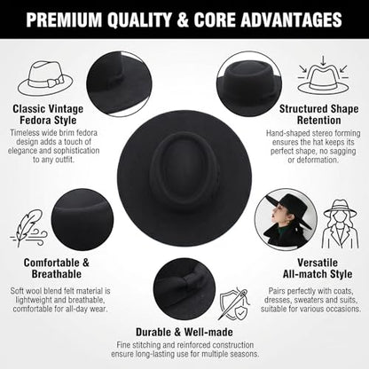 Black Wide Brim Fedora Hat Satin Bow Flat Top Wedding Cap for Women