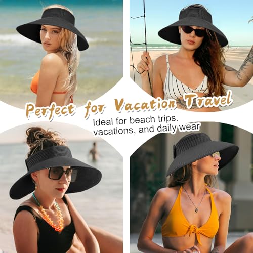 Women's Sun Visor Hats Wide Brim Straw Beach Hat Ponytail Hats for Women Foldable Floppy - color: 1pack-black-diyblack