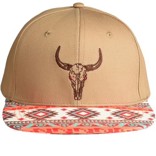 EDTREK Performance Outdoorsman Snapback Truck Hat with Flat Brim - Unique Animal Embroidery - color: Western Tan - Bull