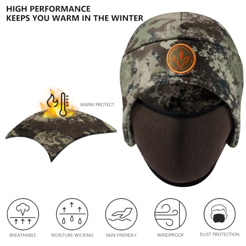 BASSDASH Unisex Soft Fleece 2-in-1 Hat with Mask Ear Flap - color: Grunge Camo & Brown