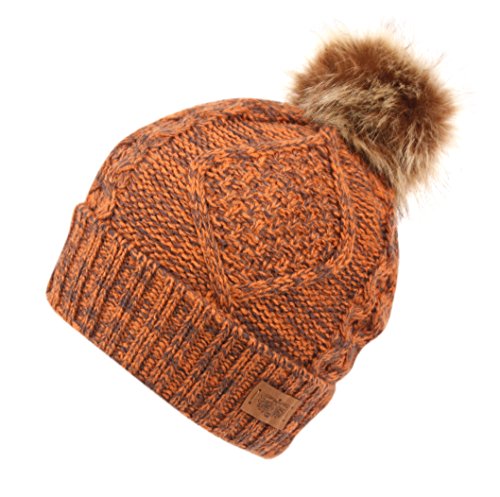 Women's Winter Fleece Lined Cable Knitted Pom Pom Beanie Hat - color: Multi Rust