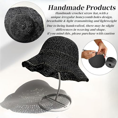 Floppy Big Beach Straw Hats for Women Foldable Summer Wide Brim Packable Sun Hat Womens Travel Straw Fedora Hat - color: Black-4