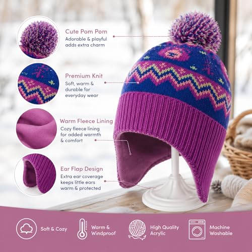 Moon Kitty Baby Girls Earflaps Knit Hats Infant Baby Beanies6-12Months - color: Purple Bear, size: 6-12 Months