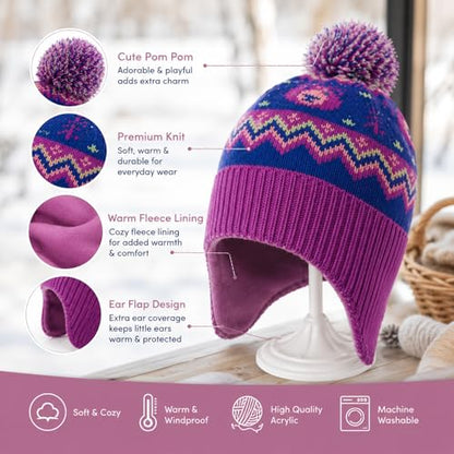 Moon Kitty Baby Girls Earflaps Knit Hats Infant Baby Beanies6-12Months - color: Purple Bear, size: 6-12 Months