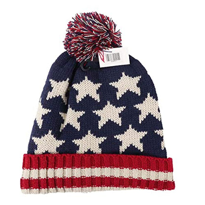Parquet American Flag Knit Pom Beanie Ski Hat with Stars - size: Small-Medium