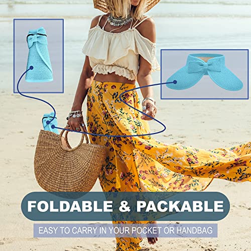 Straw Sun Visor for Women, Wide Brim UPF 50+ Protection Beach Hat, Adjustable, Roll Up Foldable Ponytail Cap with Chin Strap - color: Light Blue