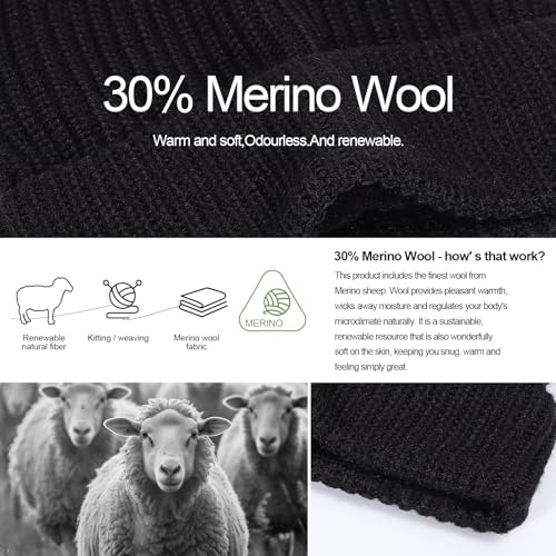 M/L/XL/XXL Merino Wool Beanie for Men & Women, Oversize Fleece Lined Warm Winter Double Layered Stylish Knit Cuffed Ski Hat - color: Black, size: Medium-Large