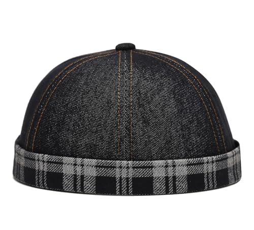 Quanhaigou Brimless Sailor Cap,Adjustable Rolled Cuff Skull Beanie Hats for Men Women - color: Plaid Denim Black