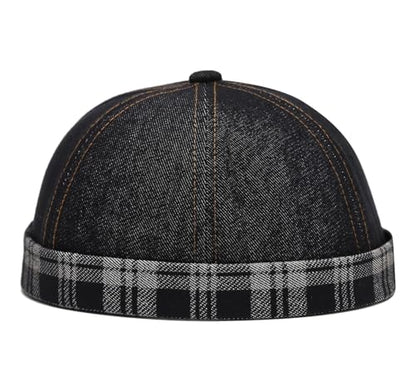 Quanhaigou Brimless Sailor Cap,Adjustable Rolled Cuff Skull Beanie Hats for Men Women - color: Plaid Denim Black