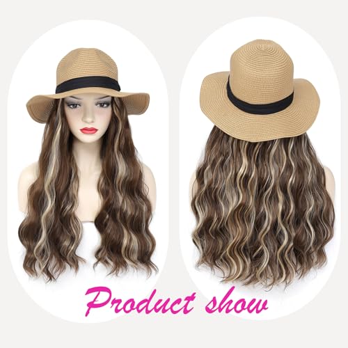 Hat Wig Panama Hat with Mix Brown Blonde Long Wave Hair Attached for Women Khaki Color Wide Brim Straw Beach Sun Hat Wig - color: K-Mbrown blonde