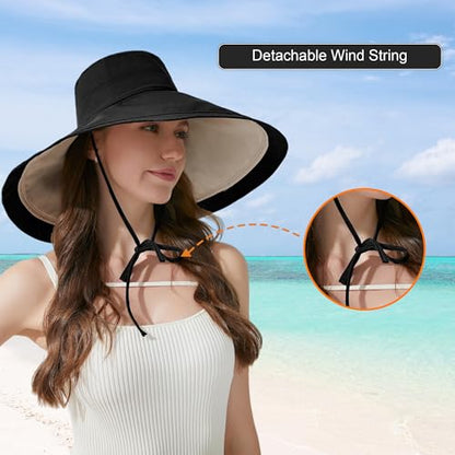 Women Bohemian Reversible Sun Hat Wide Brim Fishing Hats - color: M3016-blackbeige