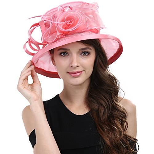 Womens Church Derby Wide Brim Sun Hat Girl Tea Party Headwear Bridal Wedding Fascinator - color: Pink