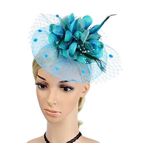 ACTLATI Fascinators Hat for Women Tea Party Headpiece Wedding Cocktail Flower Mesh Feathers Hair Clip 20s Flapper Fascinators - color: A3-lake Blue