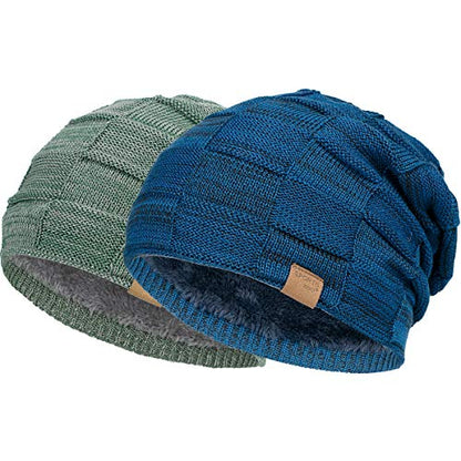 Vgogfly Slouchy Beanie for Men Winter Hats for Guys Cool Beanies Mens Lined Knit Warm Thick Skully Stocking Binie Hat Pairs - color: Blue / Army Green