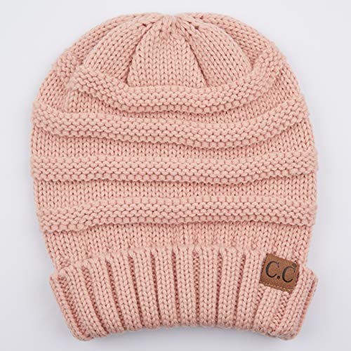 C.C Hat-100 Oversized Baggy Slouch Thick Warm Cap Hat Skully Cable Knit Beanie - color: Indi Pink Solid