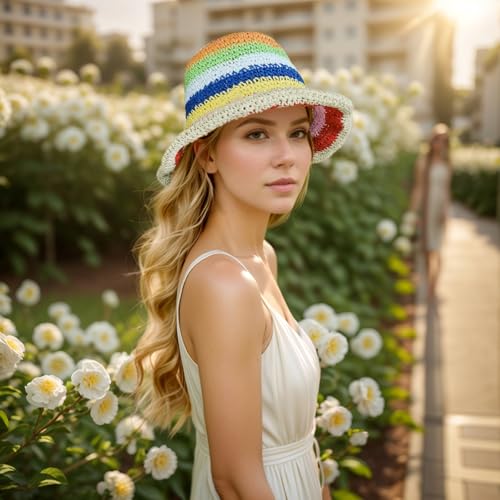 Floppy Big Beach Straw Hats for Women Foldable Summer Wide Brim Packable Sun Hat Womens Travel Straw Fedora Hat - color: Rainbow-1