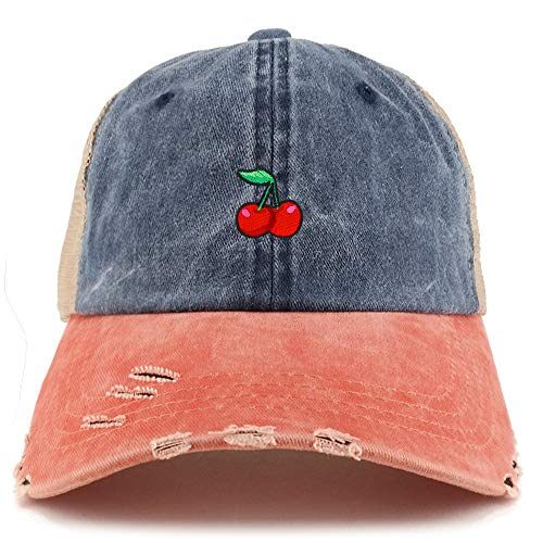 Trendy Apparel Shop Cherry Patch Pigment Dyed Mesh Back Frayed Bill Trucker Cap - color: Navy Orange