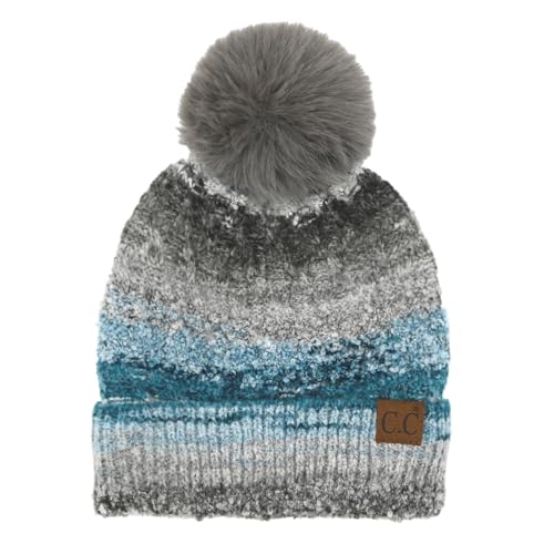 C.C Multi Color Space Dye Wool Stretchable Soft Warm Pom Beanie with Faux Fur Pom Knit Winter Skully Hat. - color: Grey Combo