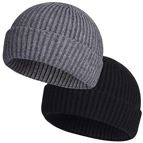 ROYBENS Wool Fisherman Beanies for Men Knit Short Watch Cap Winter Warm Hat - color: 2pcs Black+ Gray