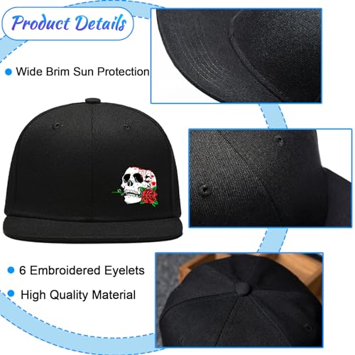 Flat Bill Hats for Men Snapback Hats for Men Baseball Cap for Men Black Snapback Women Fitting Hat - color: Skeleton Biting Flower
