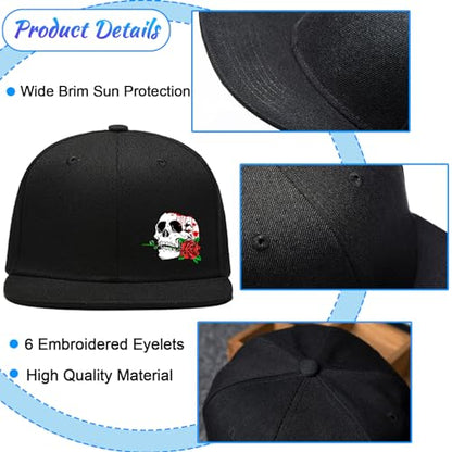 Flat Bill Hats for Men Snapback Hats for Men Baseball Cap for Men Black Snapback Women Fitting Hat - color: Skeleton Biting Flower