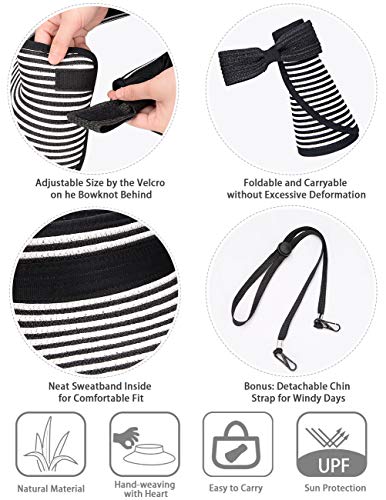 MAYLISACC Foldable Straw Sun Visors for Women, Sun Protecetion Wide Brim Sun Hats Adjustable Topless Beach Hat - color: Blackstripe ( 1 Pcs )