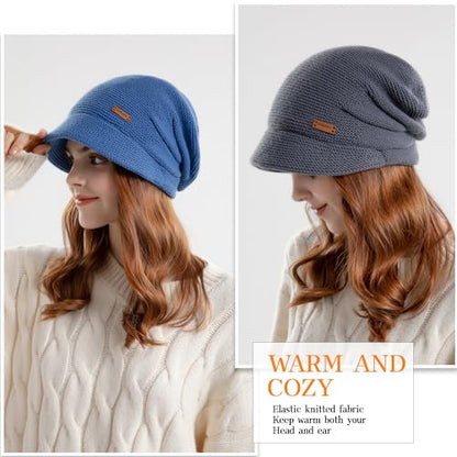 Womens Winter Beanie Hat,Fleece Lining Warm Knitted Slouchy Beanie Hats Cap with Visor - color: Blue