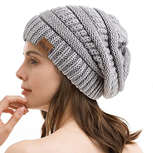 REDESS Slouchy Beanie Hat for Men and Women Winter Warm Knit Hat Chunky Soft Oversized Cable Cap - color: A2 Light Gray