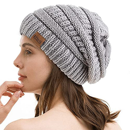 REDESS Slouchy Beanie Hat for Men and Women Winter Warm Knit Hat Chunky Soft Oversized Cable Cap - color: A2 Light Gray