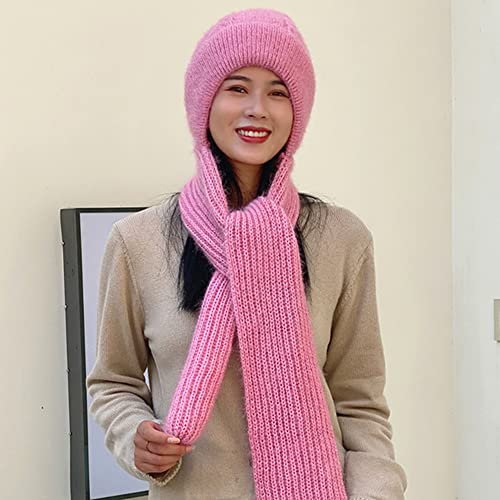 Winter Warm Elastic Soft Ear Protection Knitted Scarf Hat Fleece Lined Beanie Hat - color: H01-pink