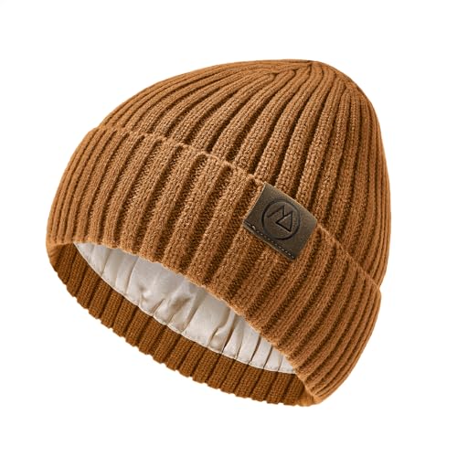 Durio Unisex Silk Lined Beanie Double Layered Winter Hats - color: Brown
