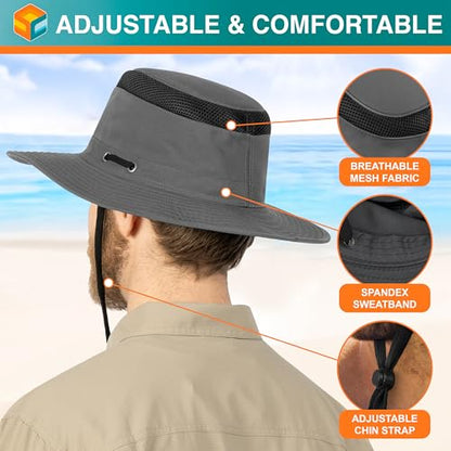 SUN CUBE Wide Brim Sun Hat for Men Women UPF 50+ UV Protection Safari Boonie Hat with Chin Strap, Pocket, Fishing Hiking Hat - color: Gray
