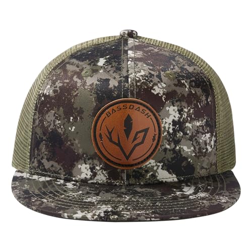 BASSDASH Flat Brim Trucker Cap Adjustable Snapback Hat Mesh Back for Men Women - color: Grunge Camo