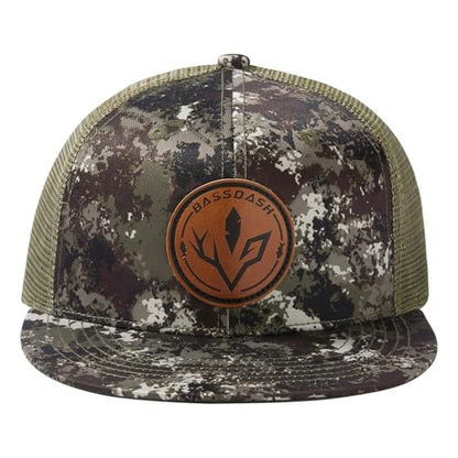 BASSDASH Flat Brim Trucker Cap Adjustable Snapback Hat Mesh Back for Men Women - color: Grunge Camo