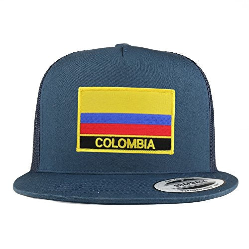 Trendy Apparel Shop Colombia Flag 5 Panel Flatbill Trucker Mesh Snapback Cap - color: Navy