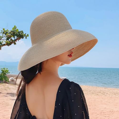 Women Floppy Sun Hat Wide Brim Straw Beach Cap UPF Straw Foldable Sun Hat for Summer - color: Khaki