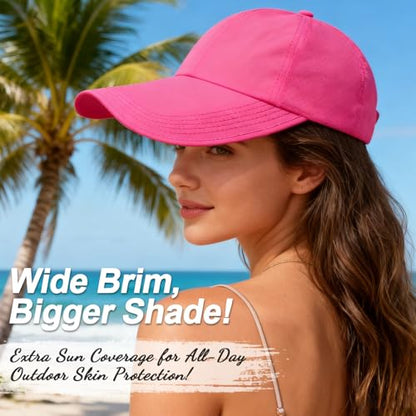 Women's Wide Brim Sun Hat with Ponytail Hole, UV Protection Criss Cross Sun Visor Hat, Lightweight & Quick-Drying Beach Cap - color: Hot Pink