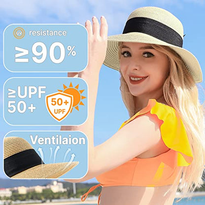 Beach Sun Straw Hats for Women, UPF 50+ UV Sun Protection Summer Straw Hat - color: A-white