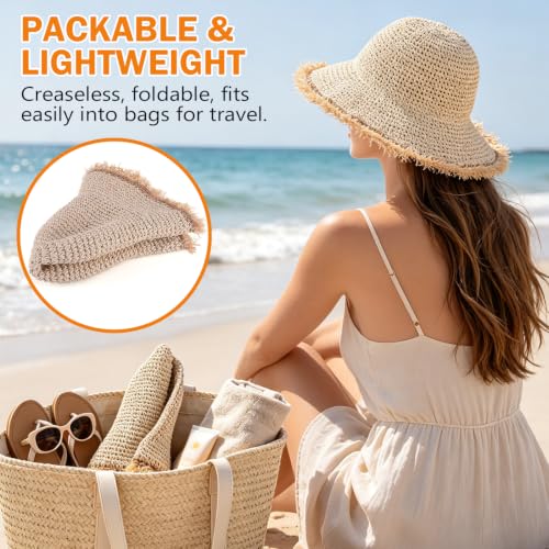 Women's Straw Bucket Sun Hat, Packable Floppy Wide Brim Beach Hat - color: Beige